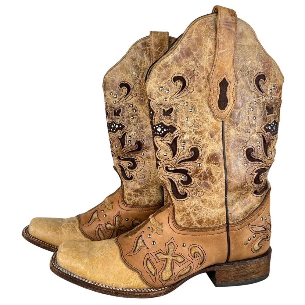 Corral Women's Antique Saddle Metal Cross Square Toe Cowgirl Boots (Sz 11)